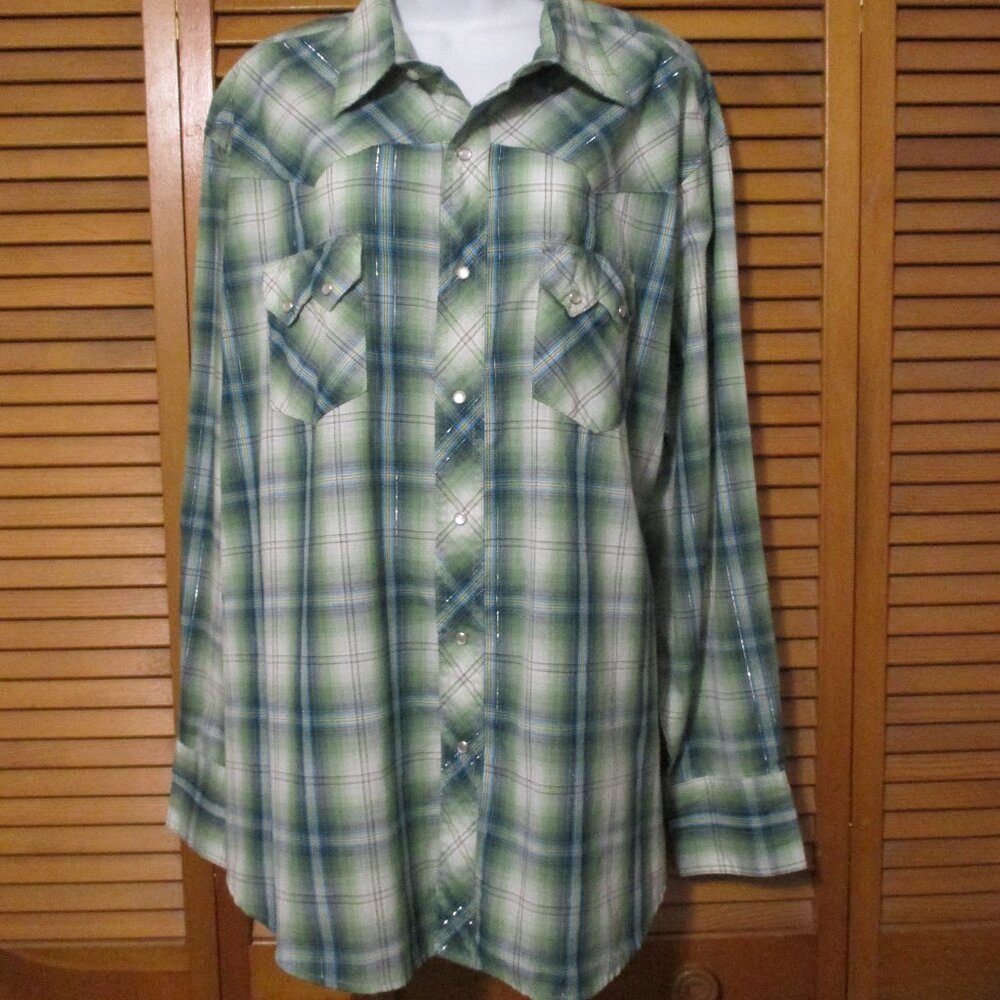 Wrangler Women's top Coastal Cowgirl, faux pearl snaps green & blues size XXL